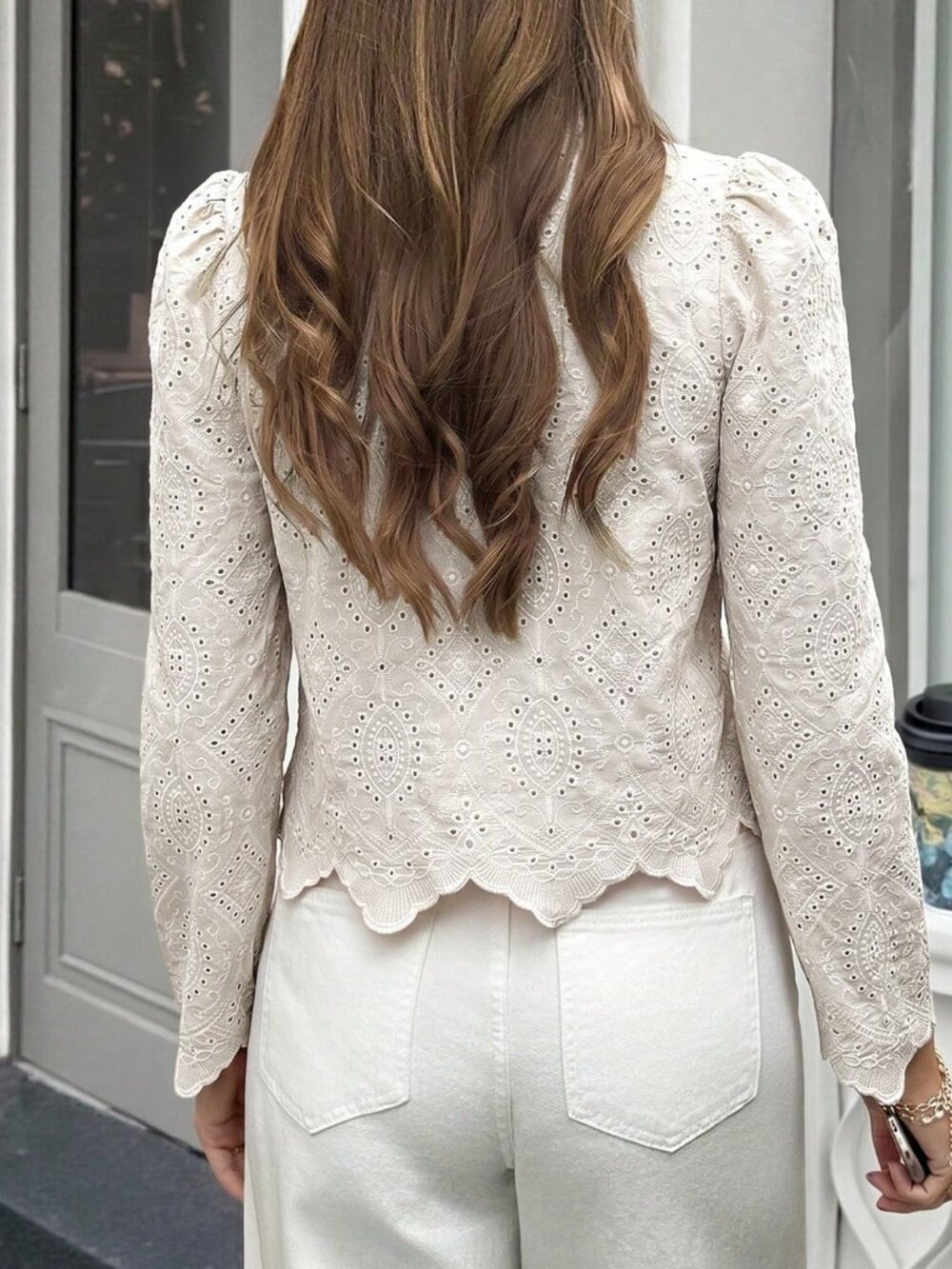 Apricot Casual Women's Hollow Embroidery Round Neck Long Sleeve Blouse top - Picture 2 of 6